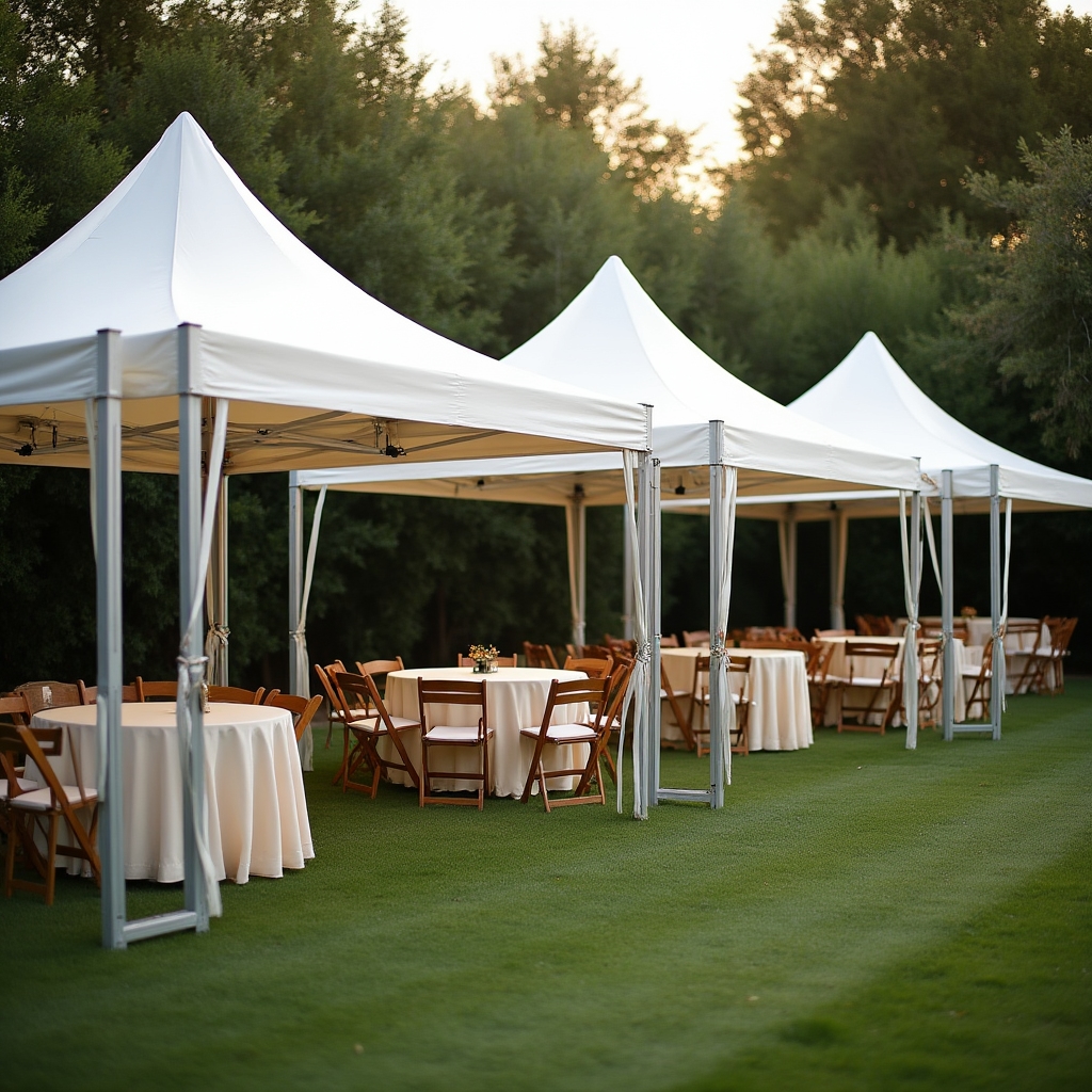 Gazebos blancos, mesas y sillas plegables armados en un jardín para un evento social